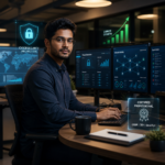 A cybersecurity professional studying for the CompTIA Security+ certification exam on a laptop, with notes on SOC analyst roles, blue team skills, and a cert roadmap from Security+ to CISSP