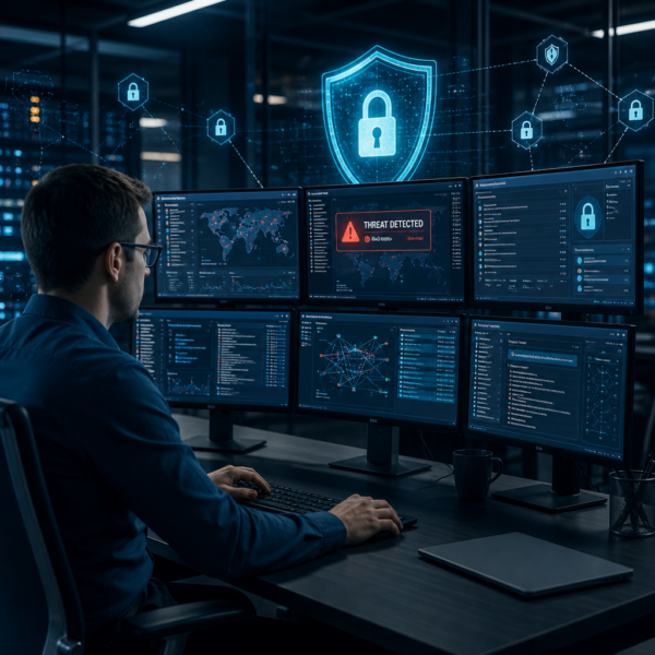 A cybersecurity professional learning how to become a SOC analyst, monitoring threat dashboards in a Security Operations Center