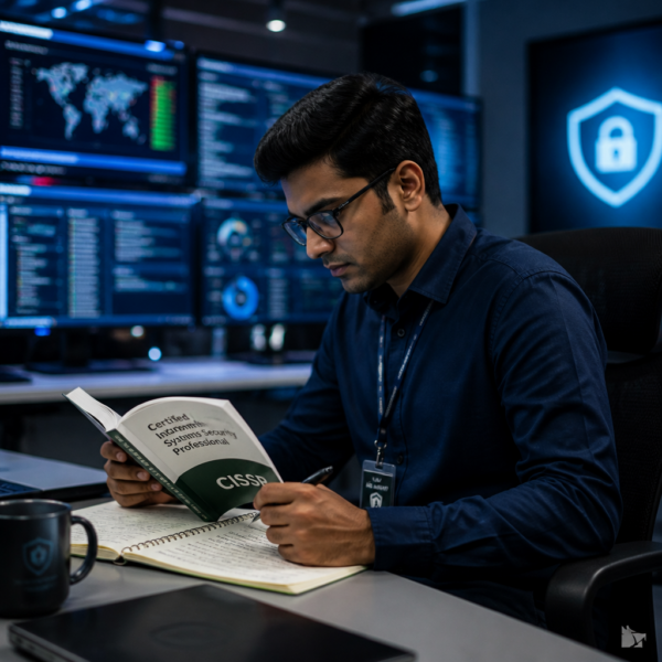 A young professional studying for entry level cybersecurity jobs at a desk with multiple screens displaying SOC dashboards, security alerts, and code