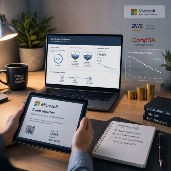 Professional studying for an employer-required certification exam with Udemy exam vouchers for AWS, CompTIA, and Microsoft displayed on a laptop screen