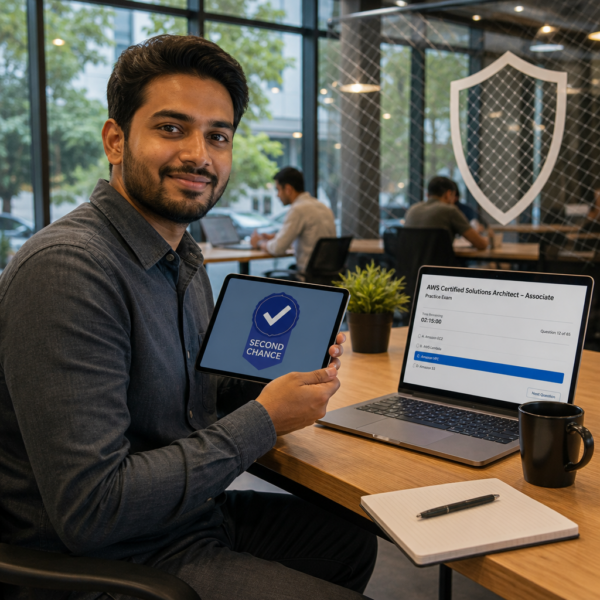 A professional studying for a certification exam on a laptop with the Udemy Second Chance retake assurance badge visible on screen