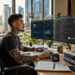 A career changer studying data analytics on a laptop using DataCamp, with handwritten notes on SQL, Python, and career milestones nearby