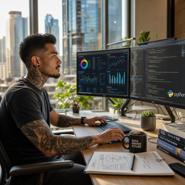 A career changer studying data analytics on a laptop using DataCamp, with handwritten notes on SQL, Python, and career milestones nearby