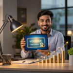 A data analyst studying for an AWS cloud certification exam on a laptop, with an AWS exam voucher code displayed on the screen
