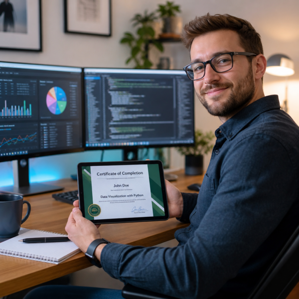 A laptop displaying a DataCamp certificate on screen, representing the career value and employer recognition of earning a DataCamp certificate in data science