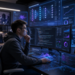 A learner exploring the best DataCamp AI courses on a laptop, with Python code and machine learning visualizations on screen