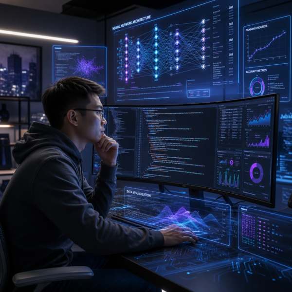 A learner exploring the best DataCamp AI courses on a laptop, with Python code and machine learning visualizations on screen