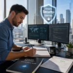 A cybersecurity professional studying for the CompTIA Security+ SY0-701 exam with an exam voucher and practice test materials displayed on a laptop screen