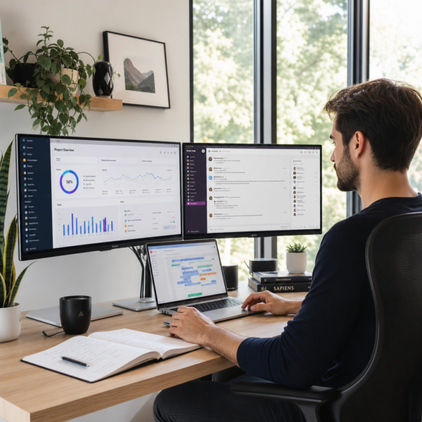 Professional working from a home office setup on a laptop, representing in-demand remote work skills and online productivity habits for 2026