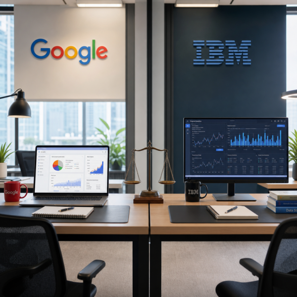 Side-by-side comparison of Google Data Analytics Professional Certificate and IBM Data Analyst Professional Certificate displayed on a laptop screen