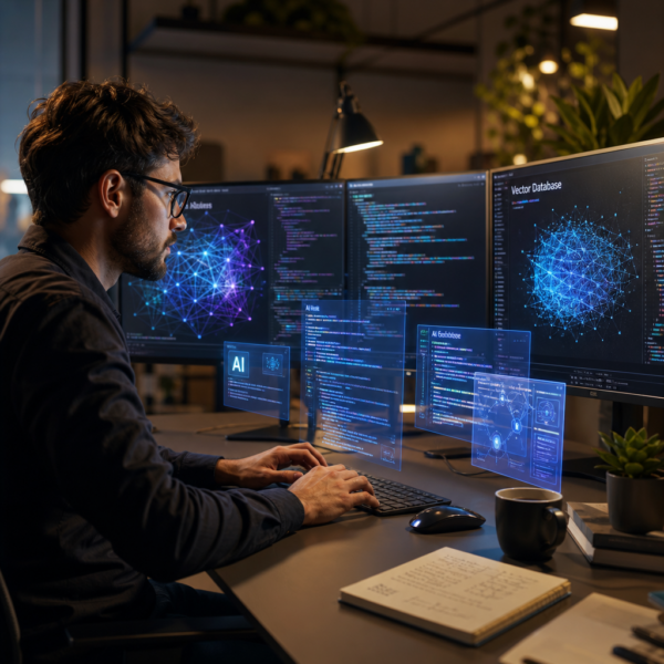 An AI engineer studying the best RAG courses on a laptop, with LangChain, Python, and vector database diagrams visible on screen