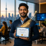 A Canadian professional studying for a Google Career Certificate on a laptop, representing employer-recognized online professional certificate programs in Canada