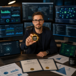 Person studying cybersecurity without a degree on a laptop, surrounded by CompTIA certification books and a home lab setup