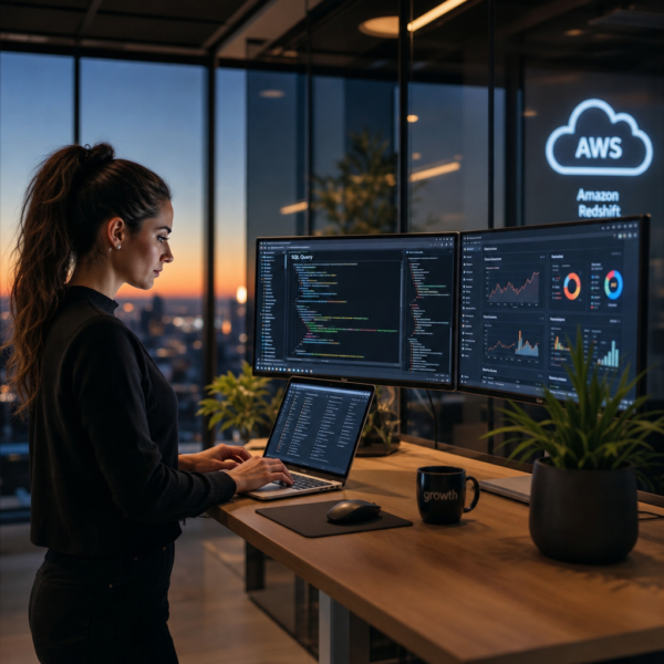 A data analyst following a structured career path, writing SQL queries and building a Power BI dashboard on dual monitors in a modern office