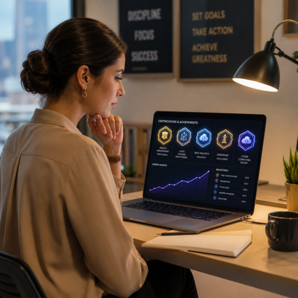 Professional holding a laptop displaying industry recognized professional certificates alongside career growth charts showing salary uplift