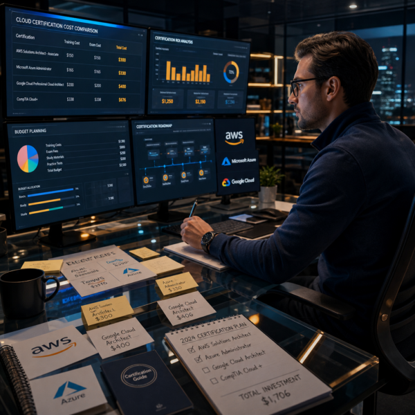 A desk with a laptop displaying a cybersecurity certification cost comparison chart for Security+, CEH, and CISSP in 2027, with a cert roadmap notepad alongside